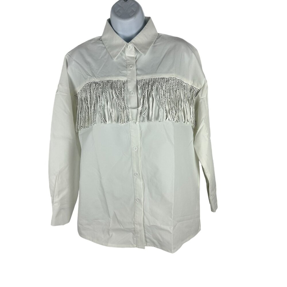 White Womens Button-Up Shirt With Fringe & Rhinestone Accents